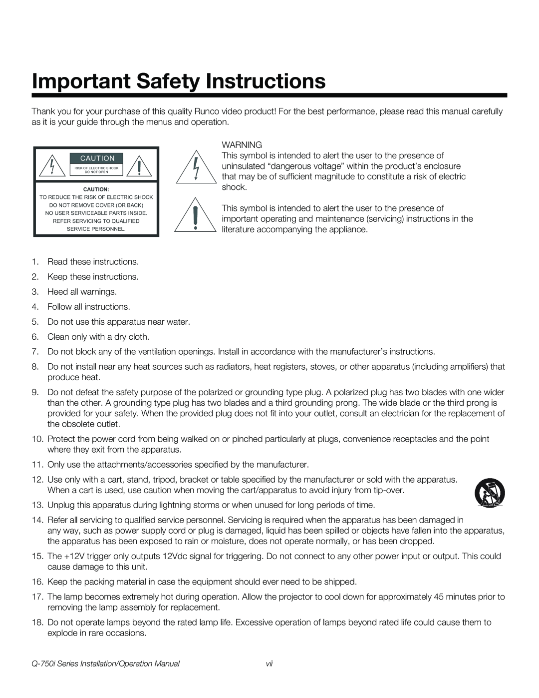 Runco Q-750I operation manual Important Safety Instructions 