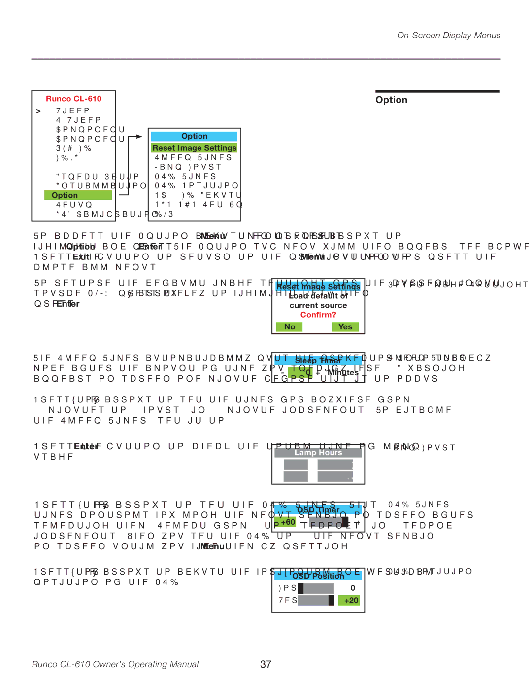 Runco Reflection manual Option, To restore the default image settings for the current input, Press Enter 