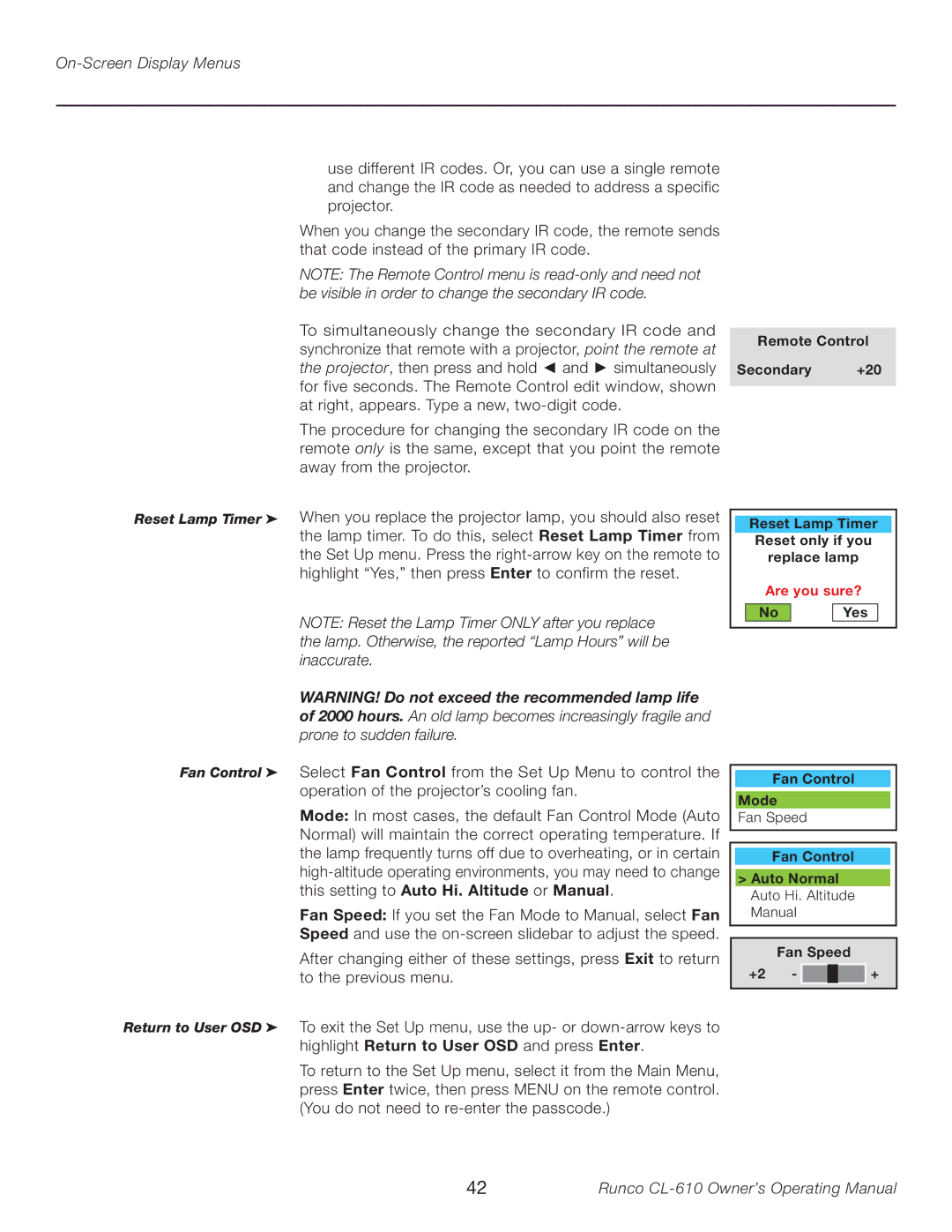 Runco Reflection manual Reset Lamp Timer Fan Control Return to User OSD 