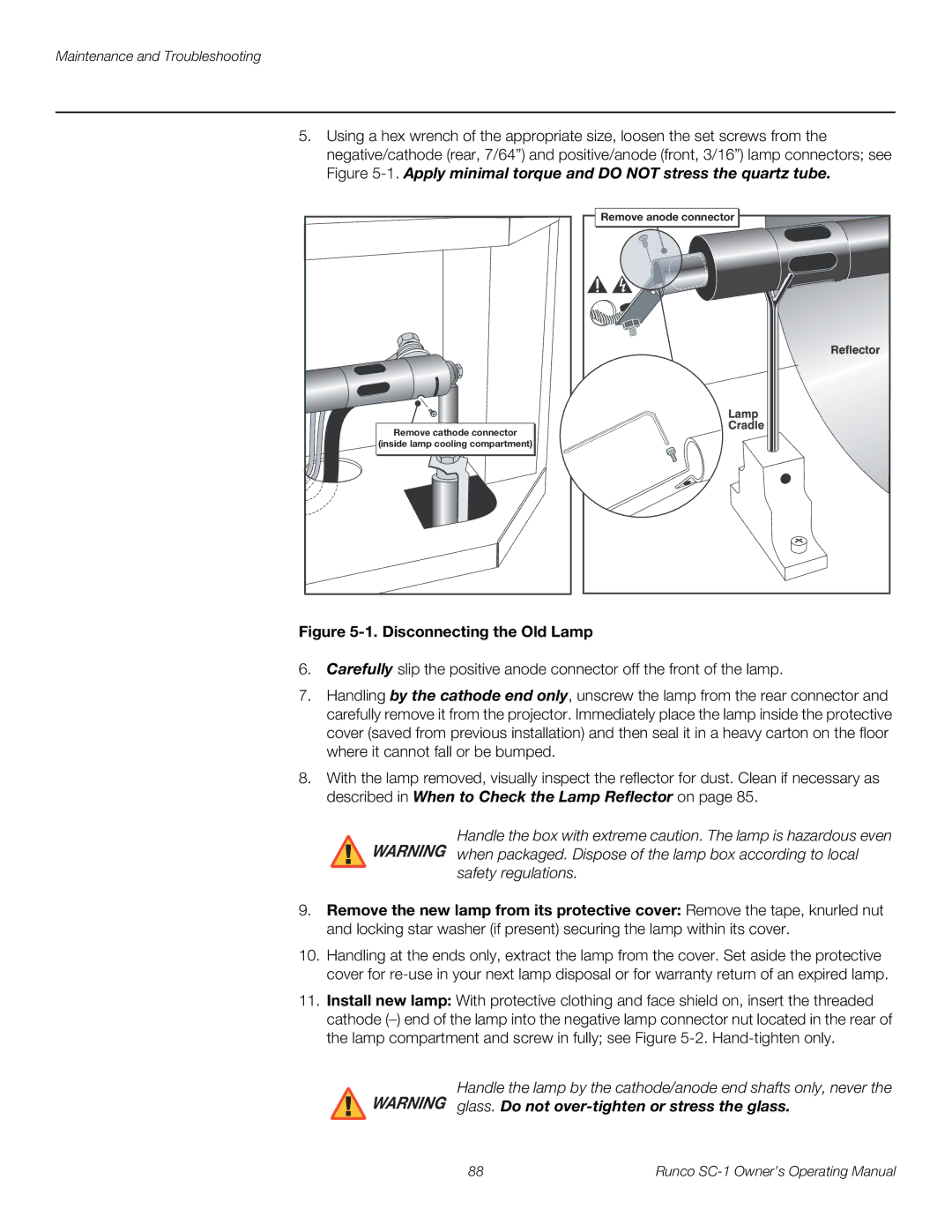 Runco SC-1 manual Disconnecting the Old Lamp 