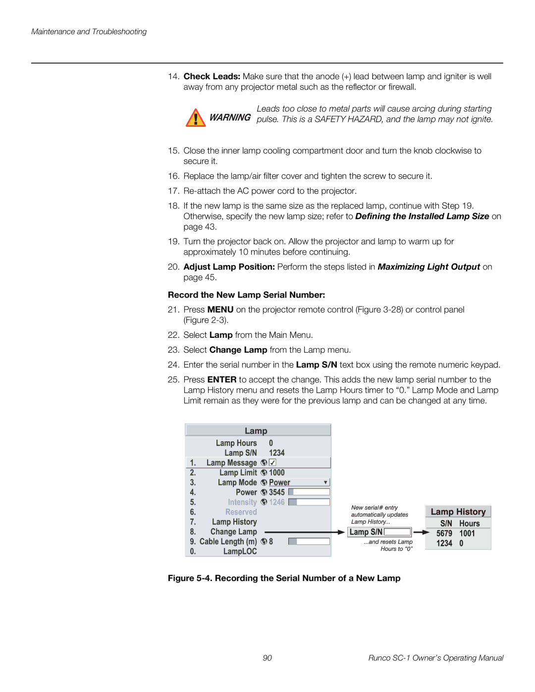 Runco SC-1 manual Record the New Lamp Serial Number, Recording the Serial Number of a New Lamp 