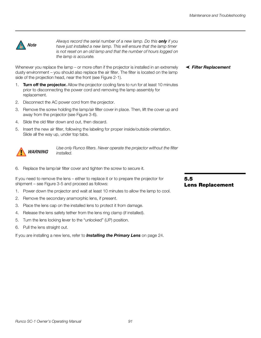 Runco SC-1 manual Lens Replacement, Lamp is accurate, Filter Replacement 