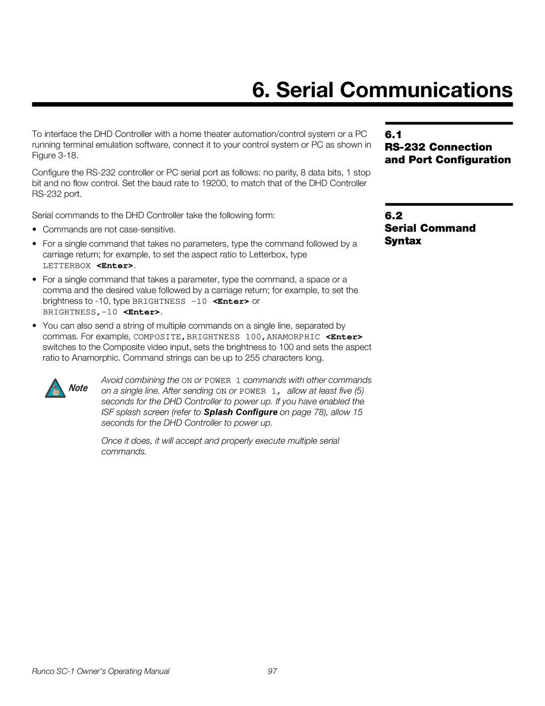 Runco SC-1 manual RS-232 Connection and Port Configuration, Serial Command Syntax 