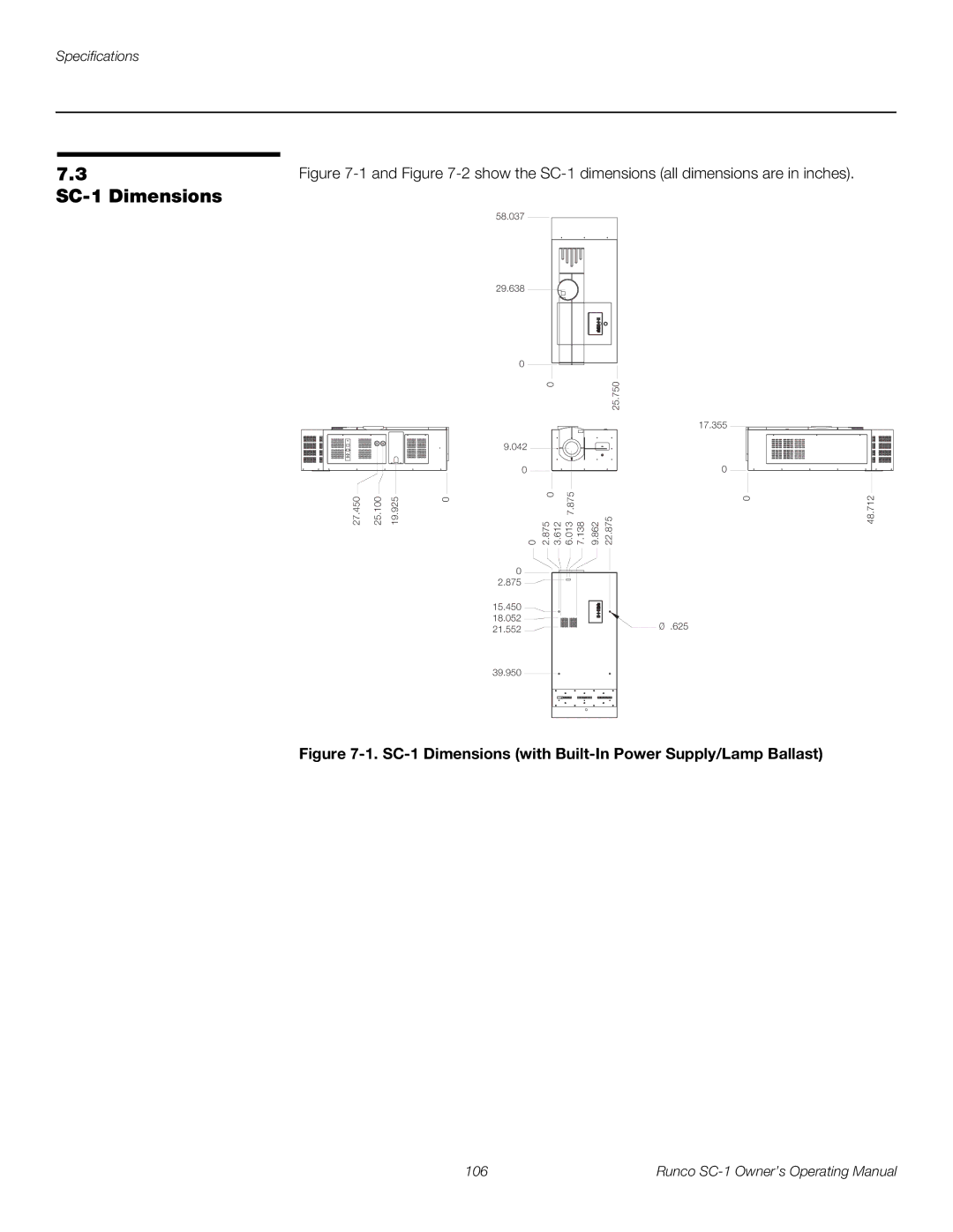 Runco manual SC-1 Dimensions with Built-In Power Supply/Lamp Ballast 