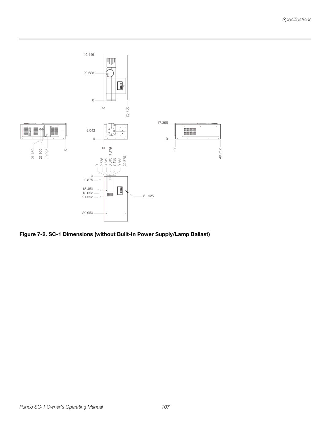 Runco manual SC-1 Dimensions without Built-In Power Supply/Lamp Ballast 