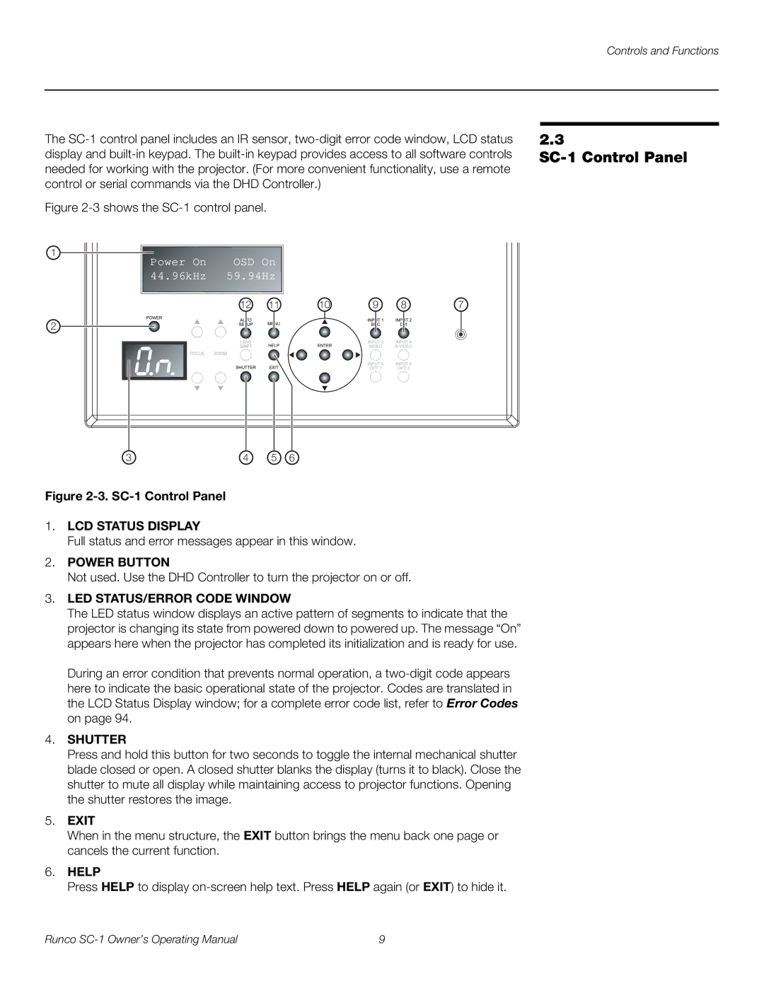 Runco manual SC-1 Control Panel 