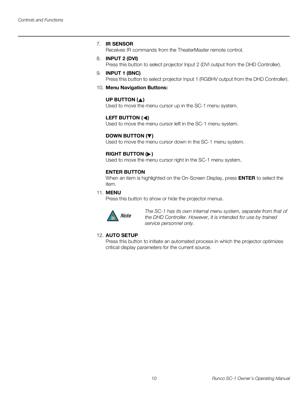 Runco manual Input 1 BNC, Menu Navigation Buttons, SC-1 has its own internal menu system, separate from that 