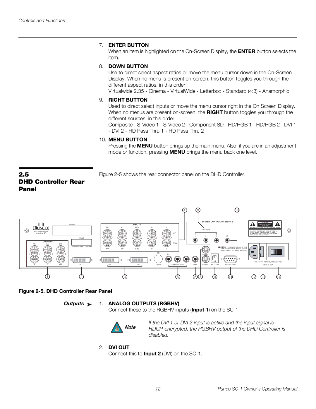 Runco SC-1 manual DHD Controller Rear Panel Outputs 1. Analog Outputs Rgbhv 