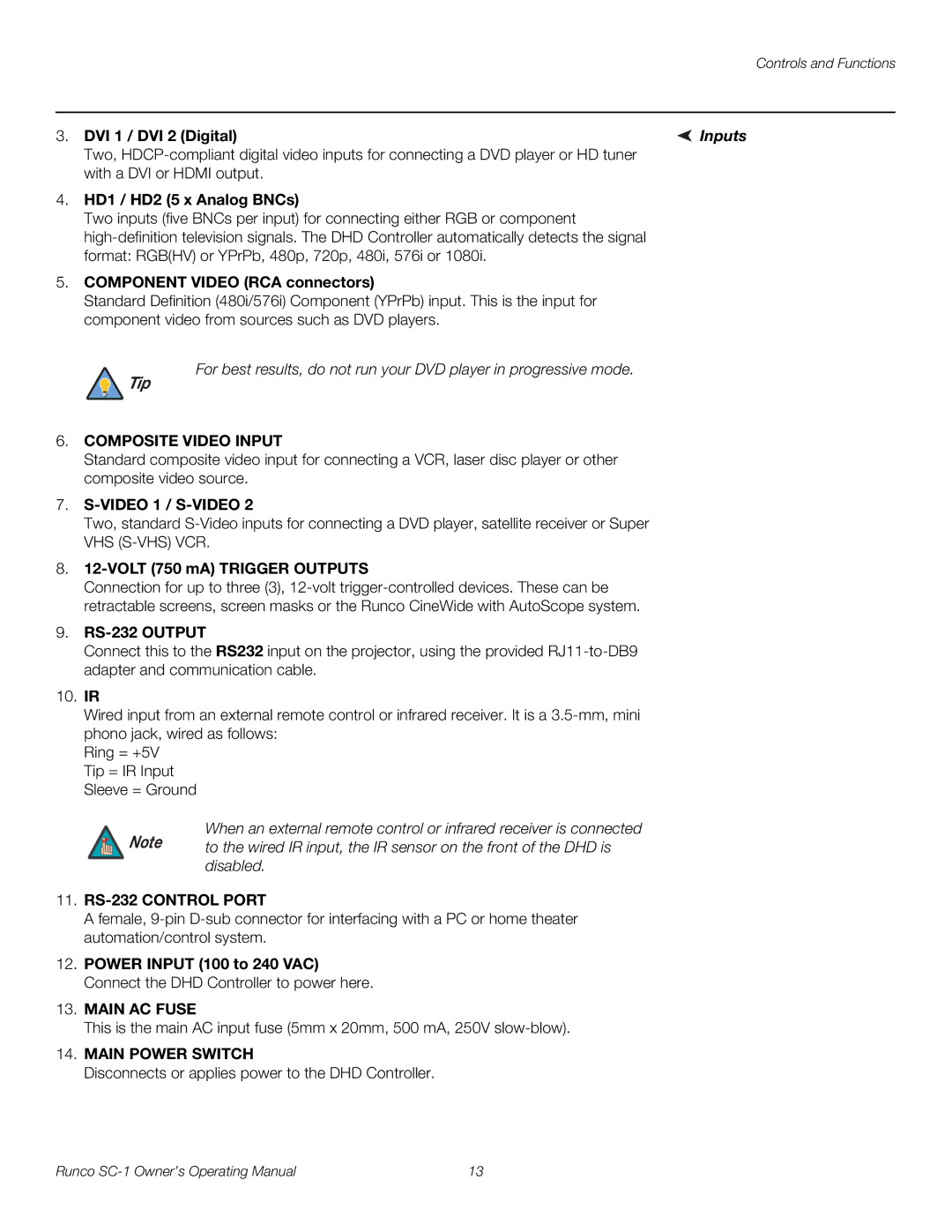 Runco SC-1 manual Inputs 