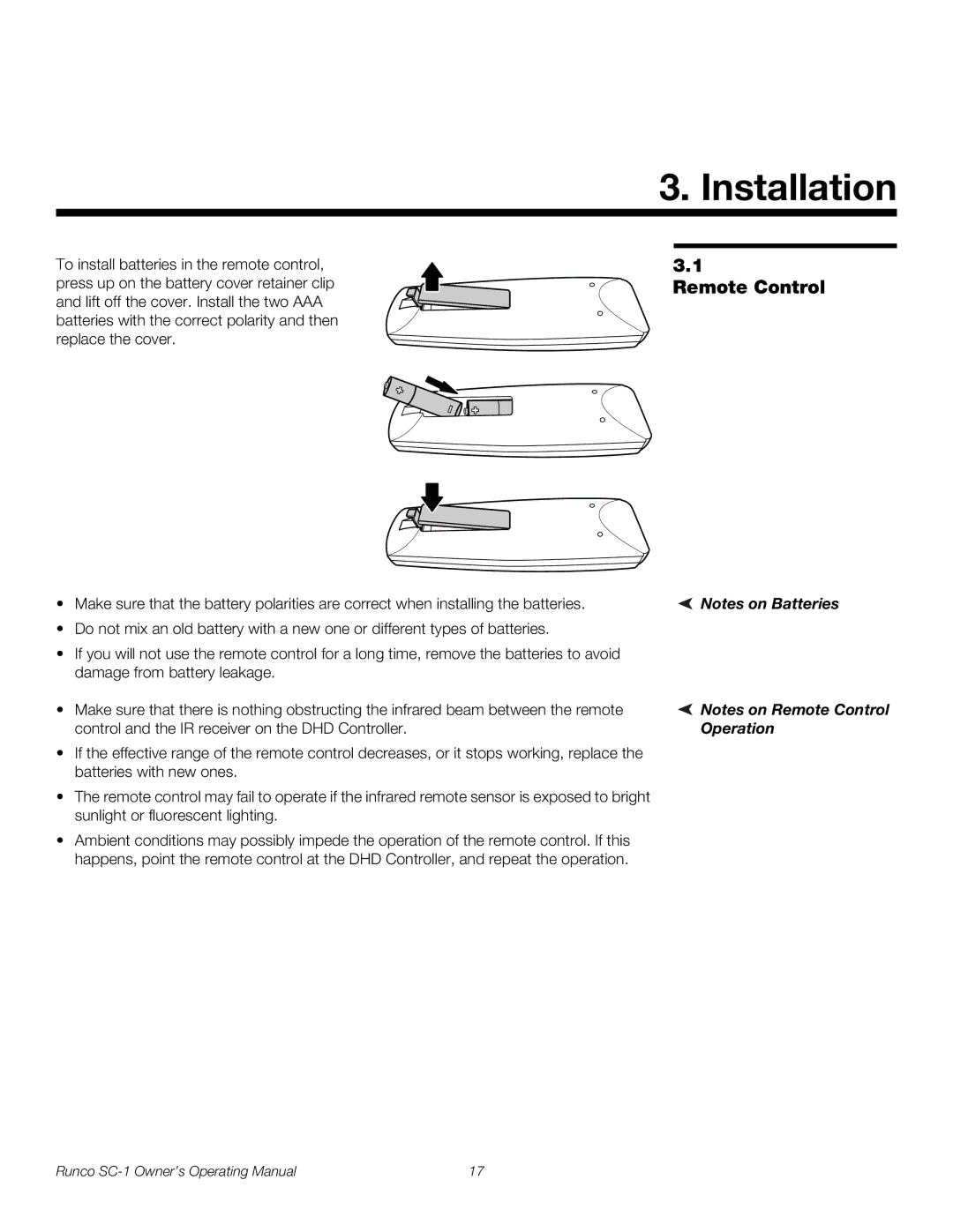 Runco SC-1 manual Installation, Remote Control 