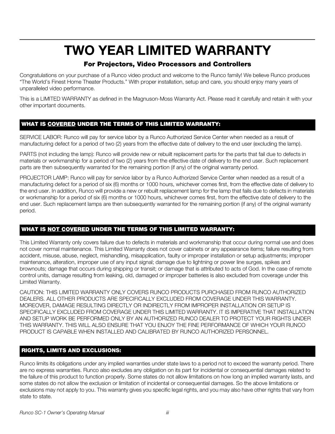 Runco SC-1 manual TWO Year Limited Warranty, For Projectors, Video Processors and Controllers 