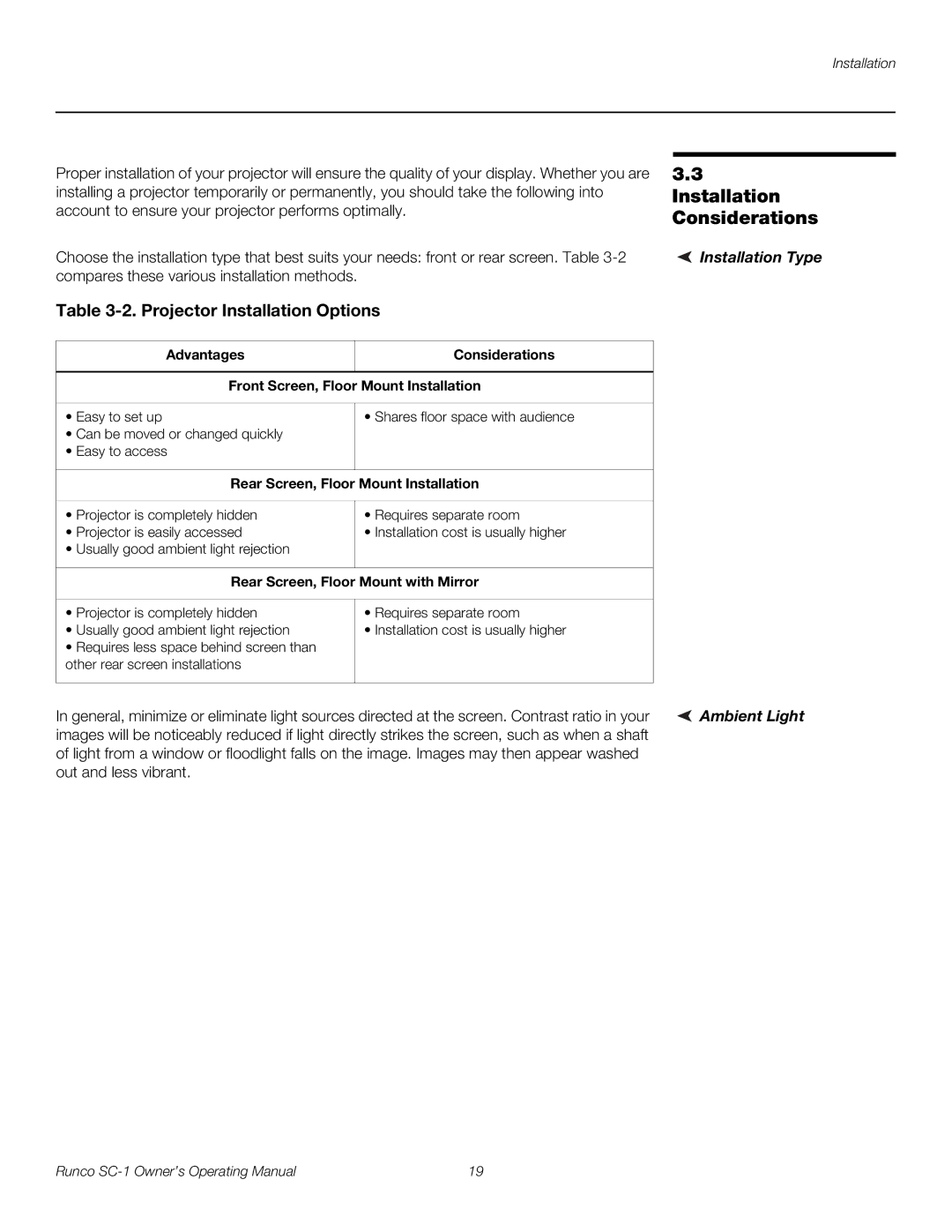 Runco SC-1 manual Installation Considerations, Installation Type, Ambient Light, Rear Screen, Floor Mount Installation 