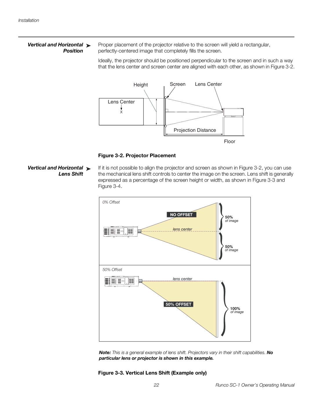 Runco SC-1 manual Vertical and Horizontal, Position, Lens Shift 