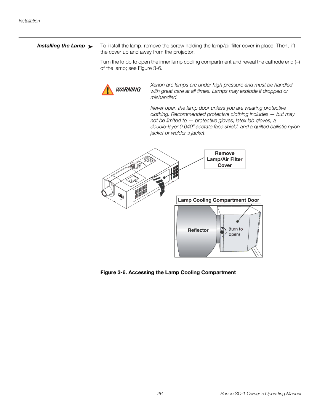 Runco SC-1 manual Remove Lamp/Air Filter Cover Lamp Cooling Compartment Door 