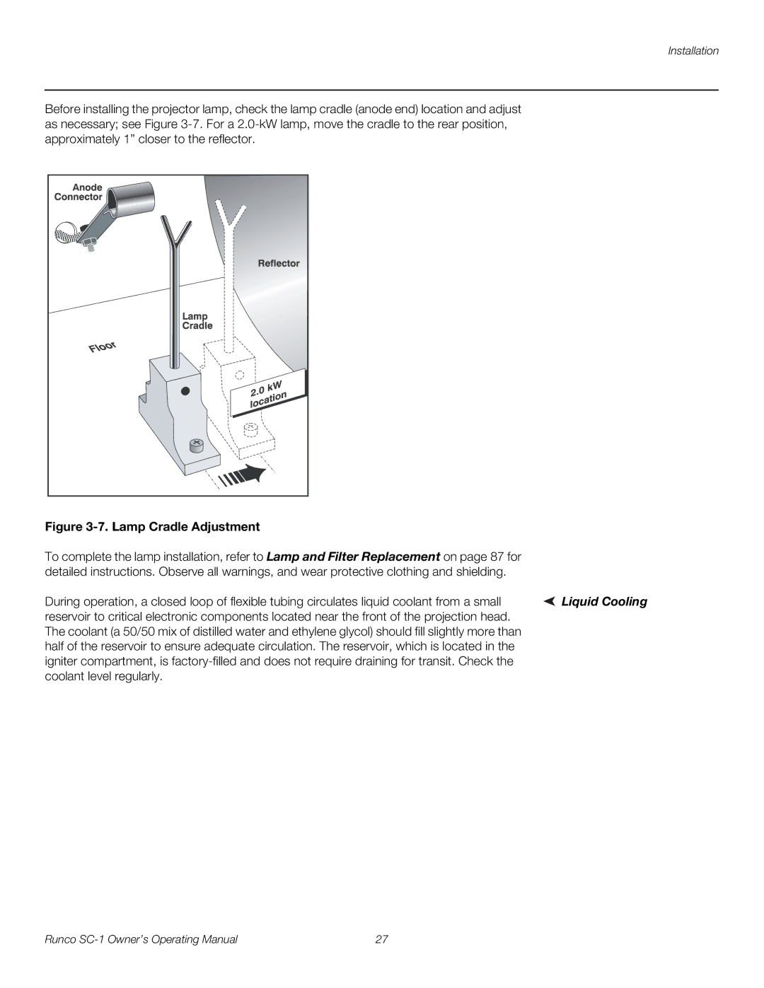 Runco SC-1 manual Lamp Cradle Adjustment 