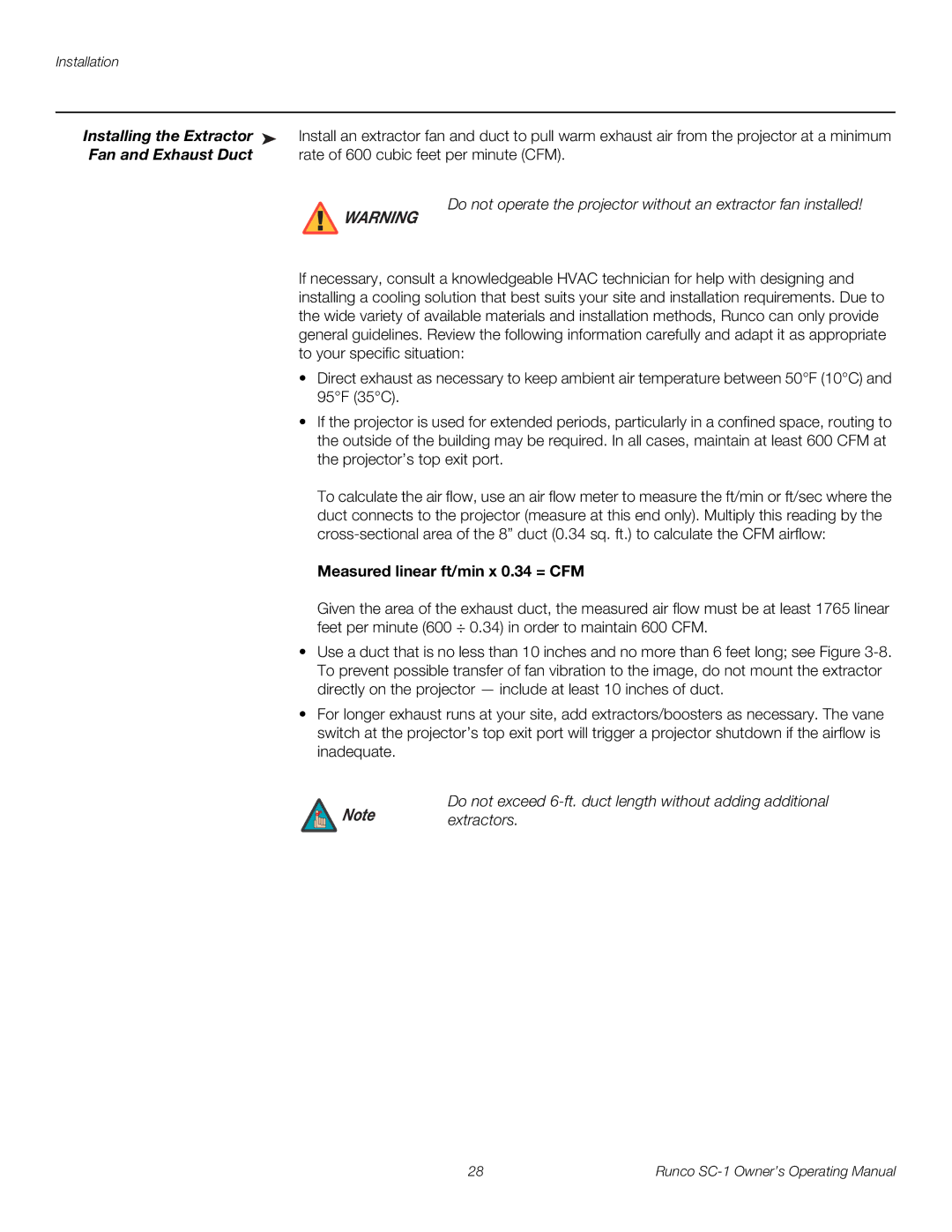 Runco SC-1 manual Installing the Extractor, Measured linear ft/min x 0.34 = CFM 