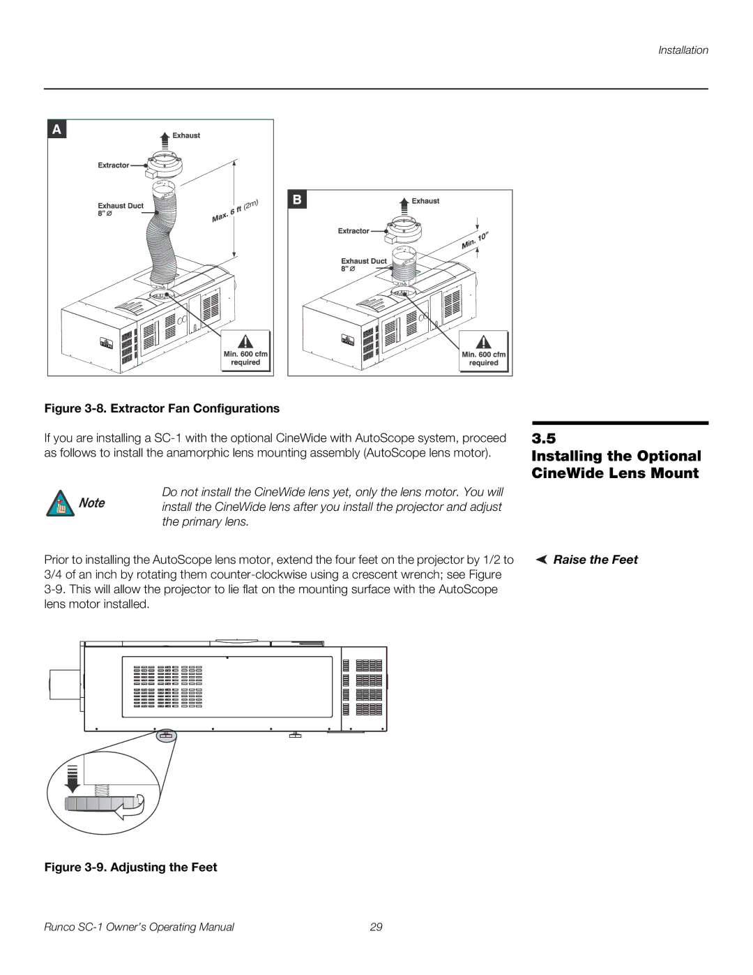 Runco SC-1 manual Installing the Optional CineWide Lens Mount, Raise the Feet 