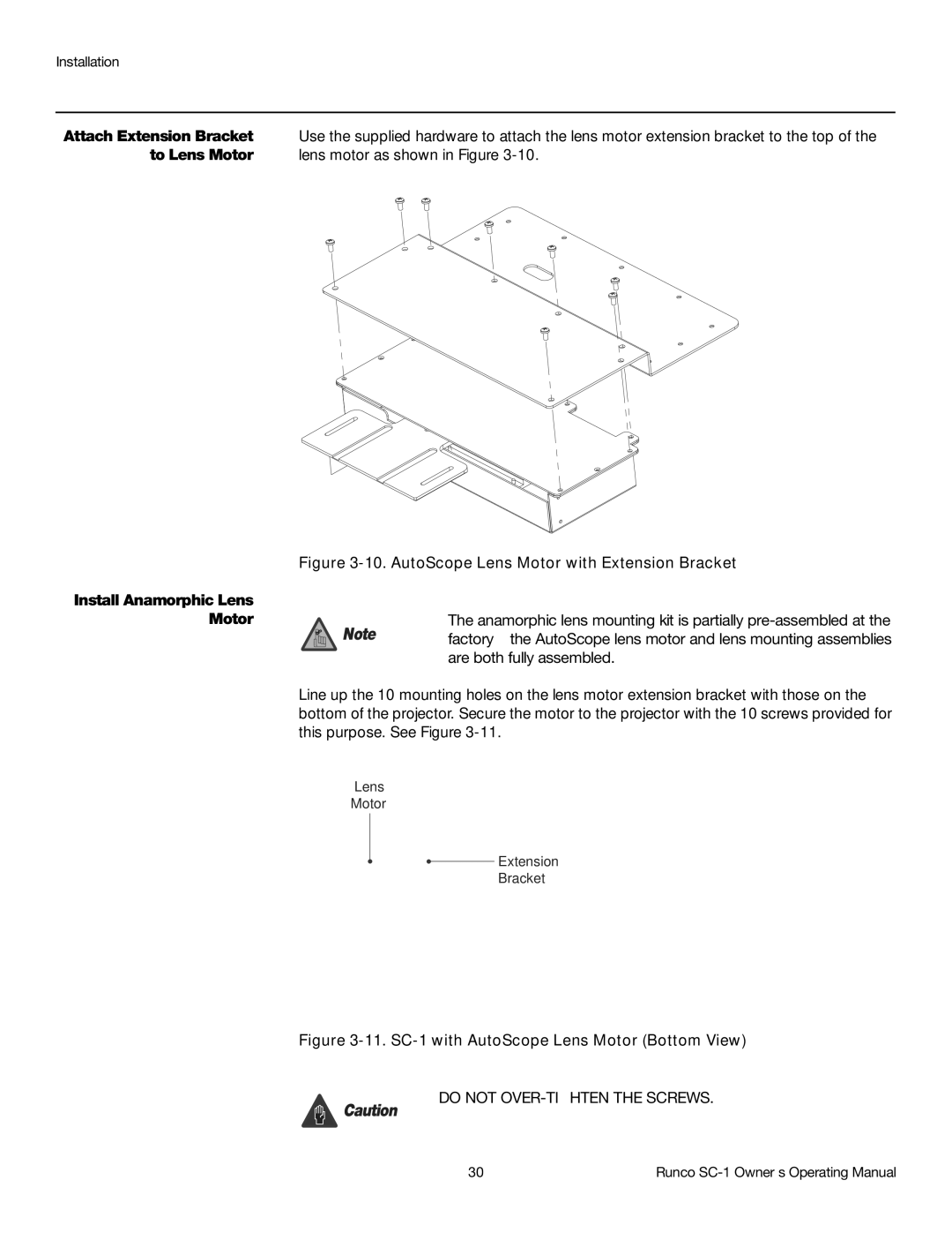 Runco SC-1 manual Attach Extension Bracket, To Lens Motor, Install Anamorphic Lens Motor, Are both fully assembled 