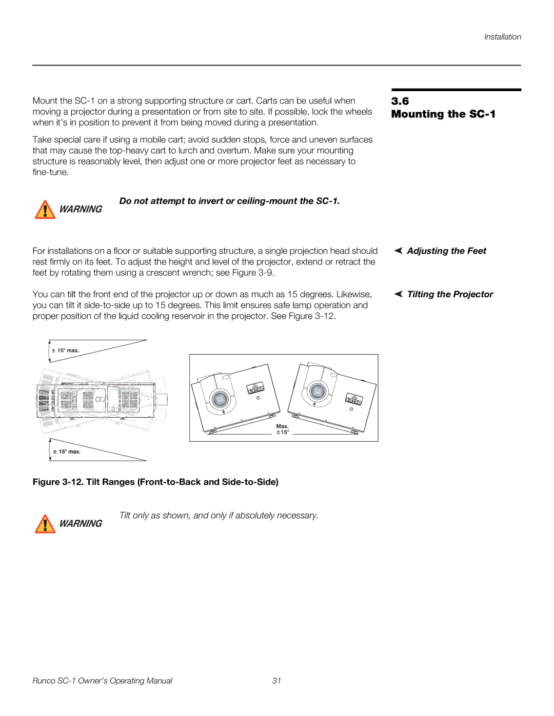 Runco Mounting the SC-1, Do not attempt to invert or ceiling-mount the SC-1, Adjusting the Feet, Tilting the Projector 