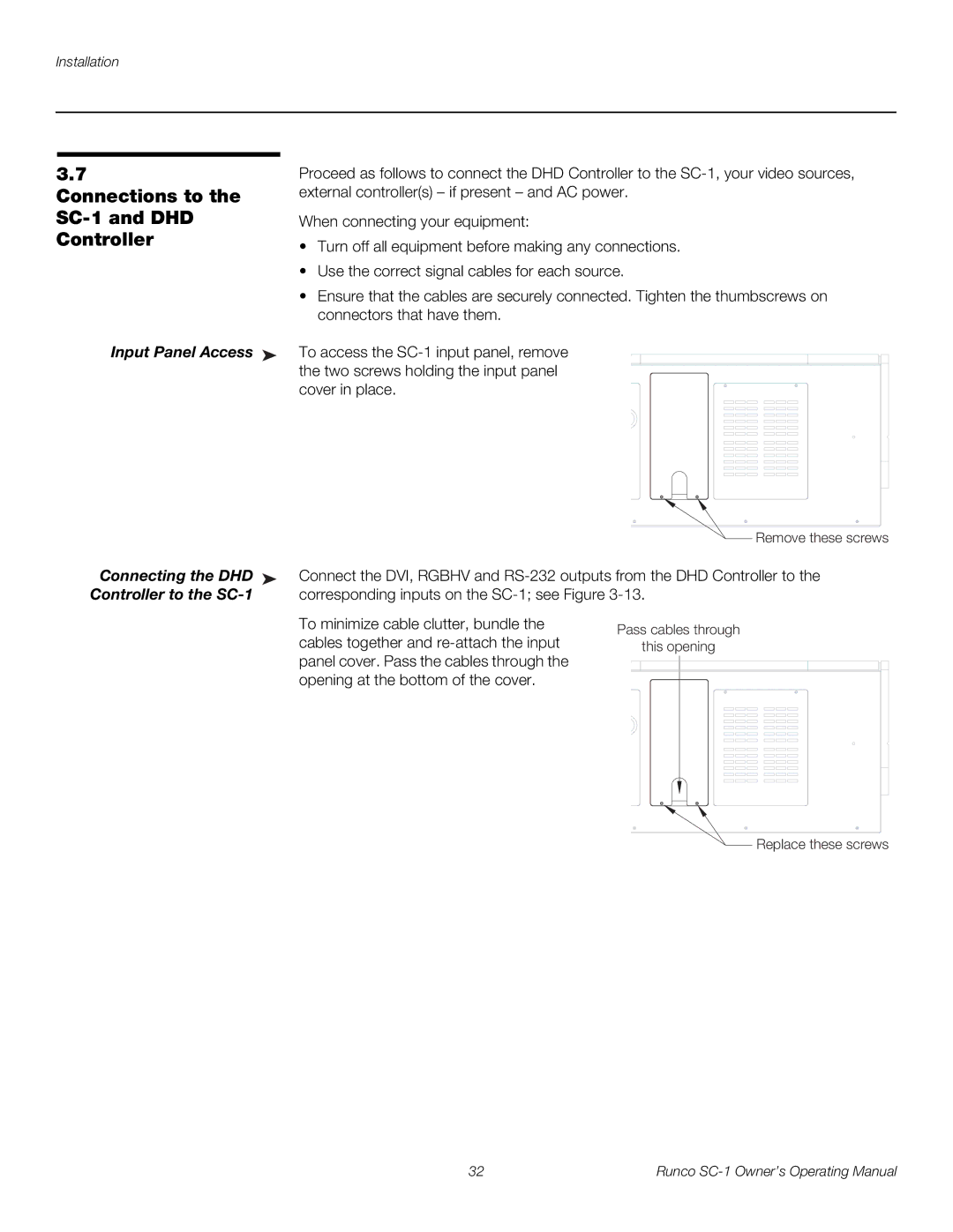 Runco manual Connections to the SC-1 and DHD Controller, Connecting the DHD, Controller to the SC-1 