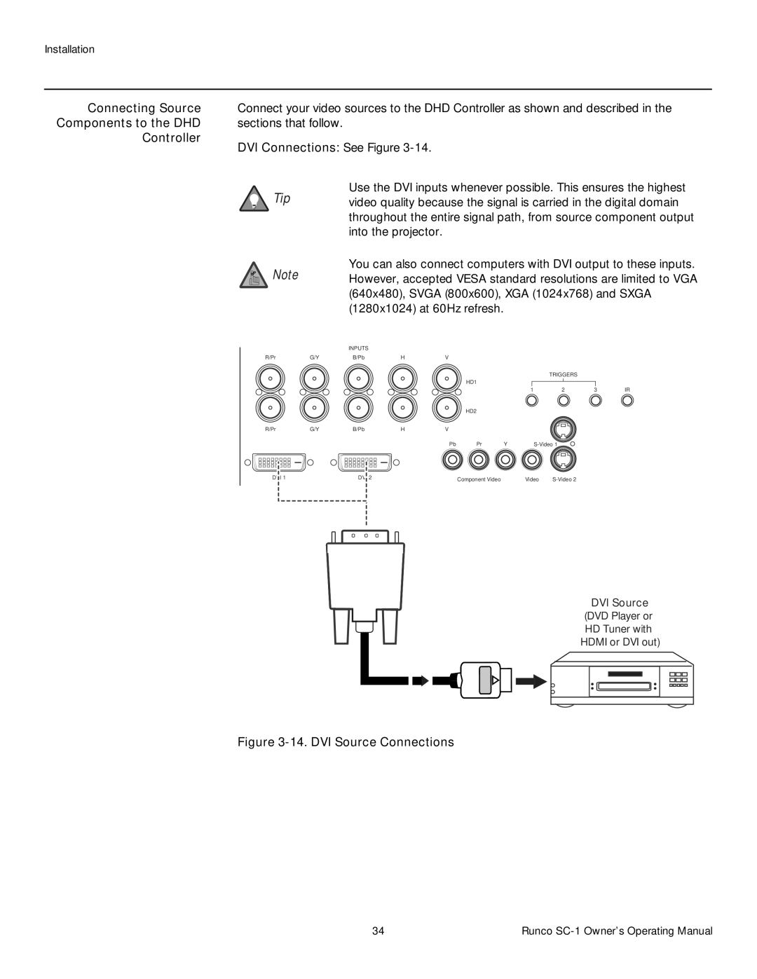 Runco SC-1 manual Connecting Source 