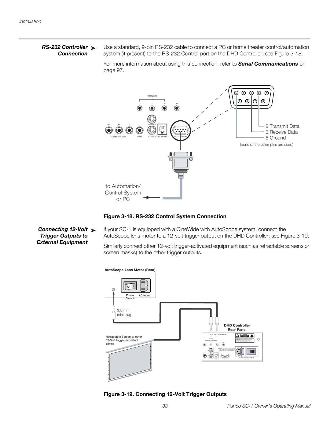 Runco SC-1 manual RS-232 Controller, Connection, Connecting 12-Volt, Trigger Outputs to, External Equipment 