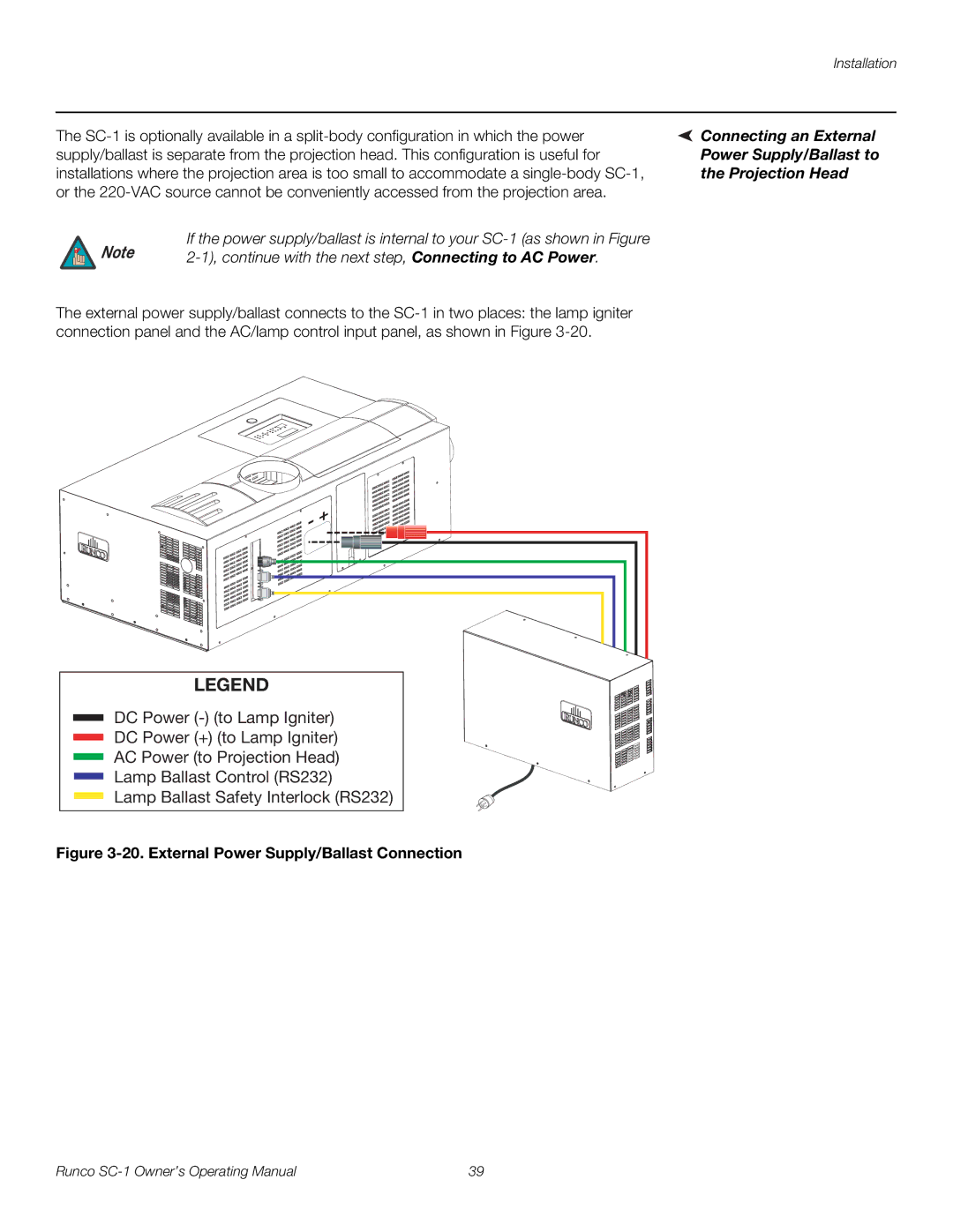 Runco SC-1 manual Continue with the next step, Connecting to AC Power, External Power Supply/Ballast Connection 