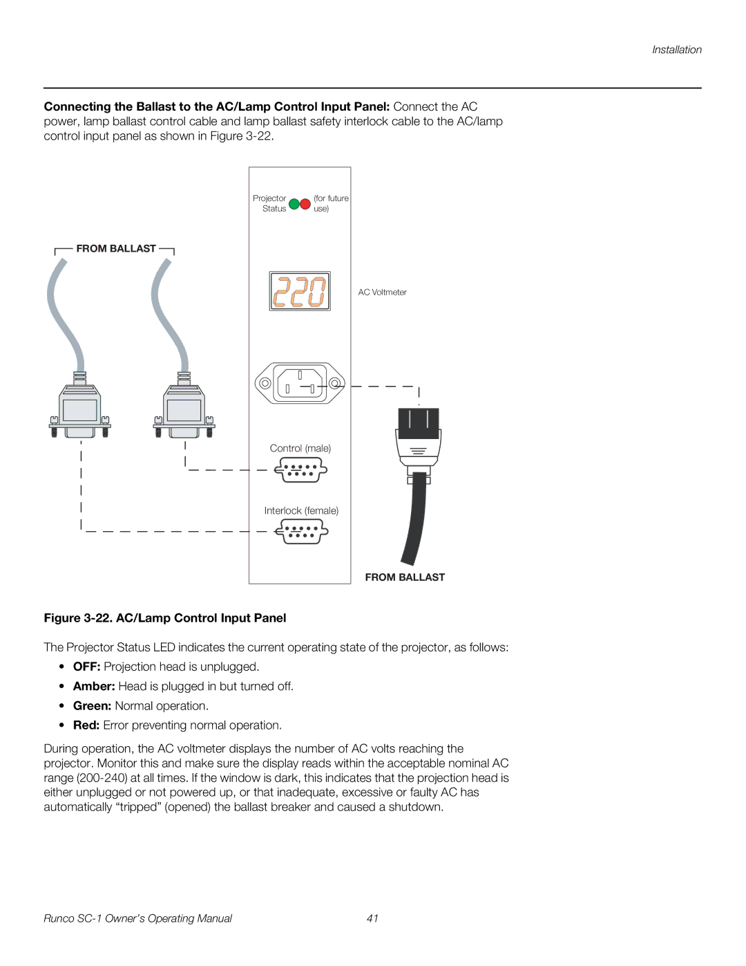 Runco SC-1 manual 22. AC/Lamp Control Input Panel 