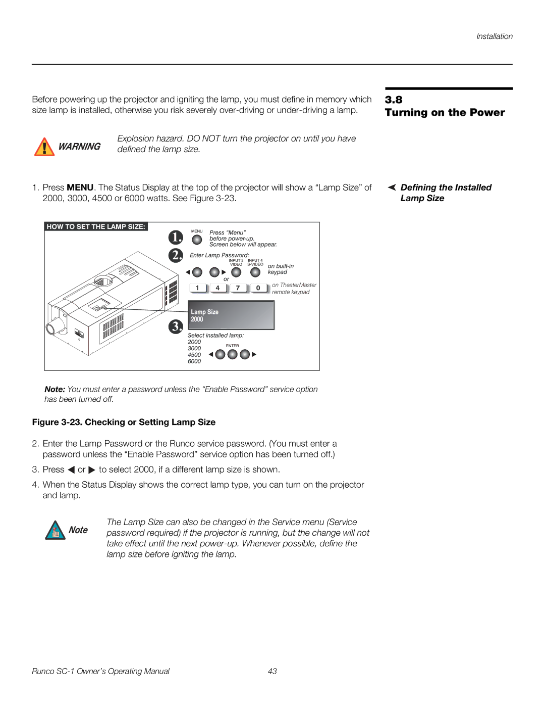 Runco SC-1 manual Turning on the Power, Defining the Installed Lamp Size 