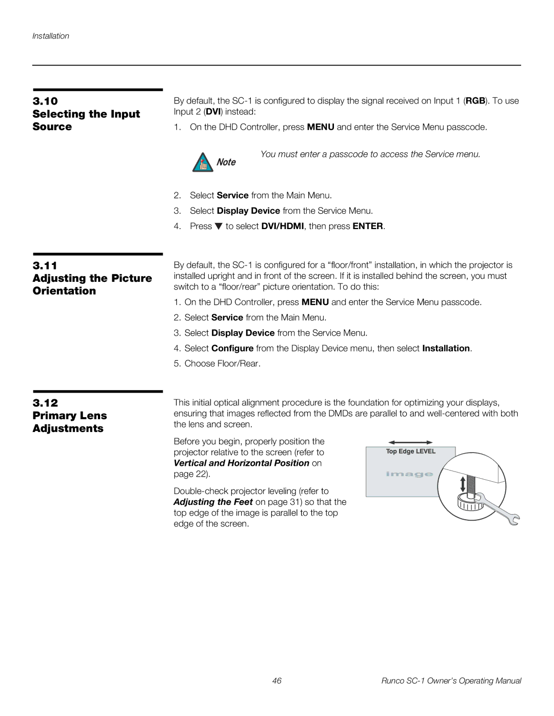 Runco SC-1 manual You must enter a passcode to access the Service menu 