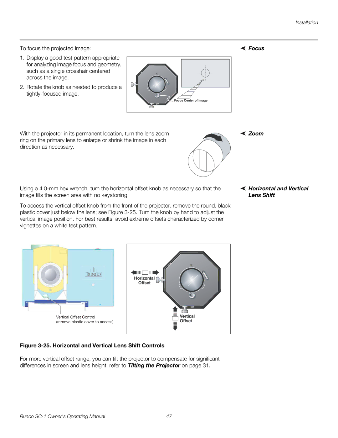 Runco SC-1 manual Focus, Zoom, Horizontal and Vertical 