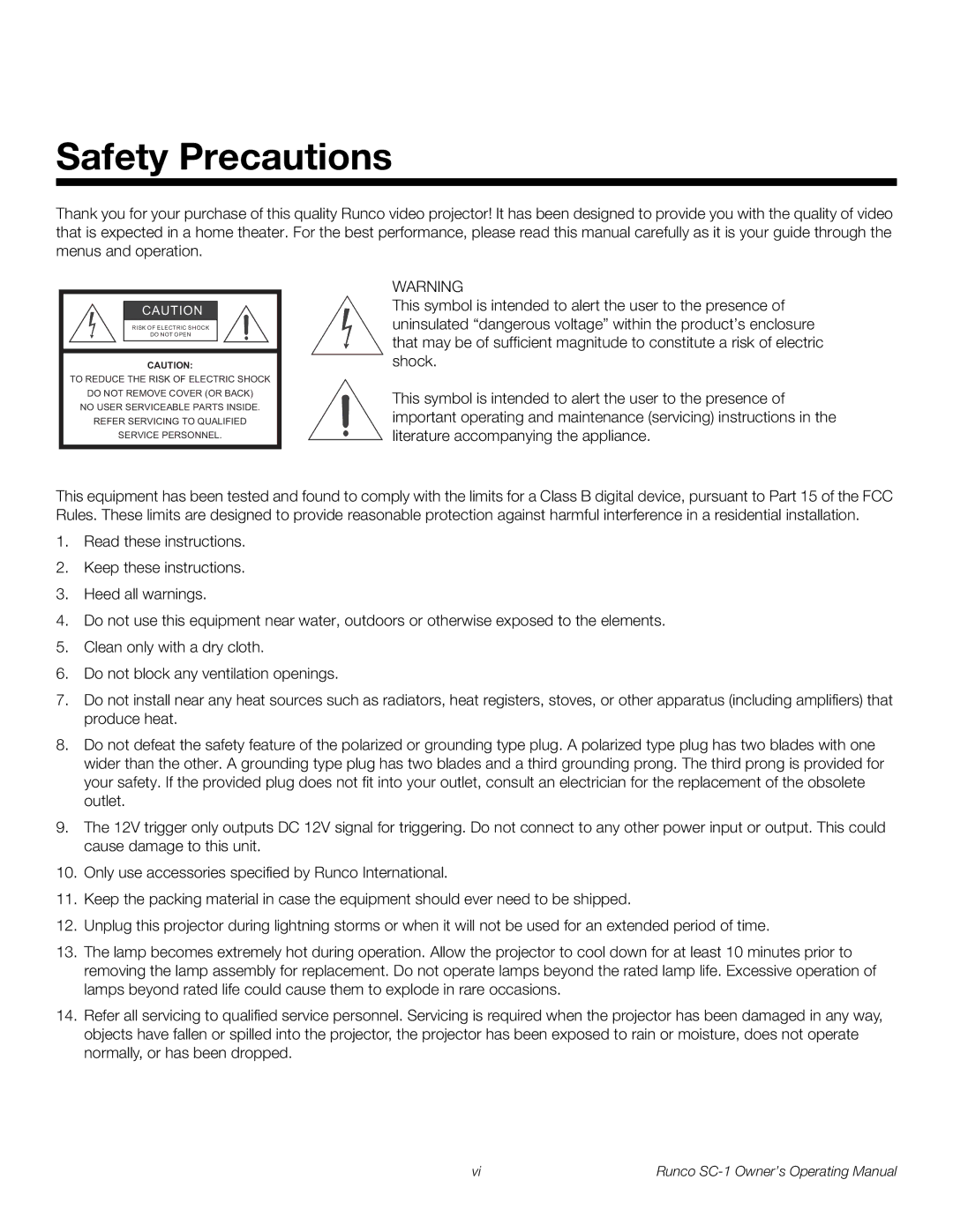 Runco SC-1 manual Safety Precautions 