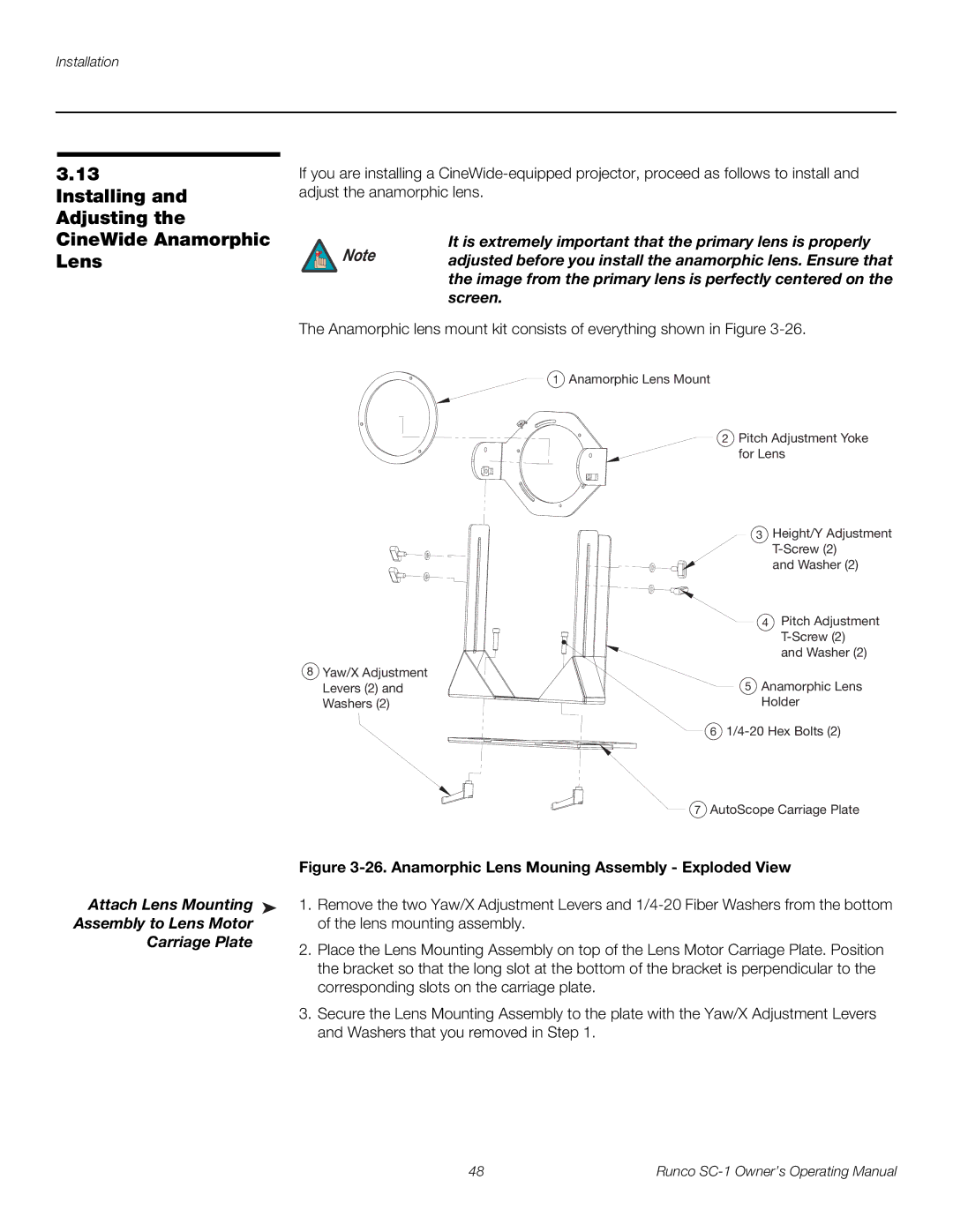 Runco SC-1 manual Installing and Adjusting the CineWide Anamorphic Lens, Assembly to Lens Motor, Carriage Plate 