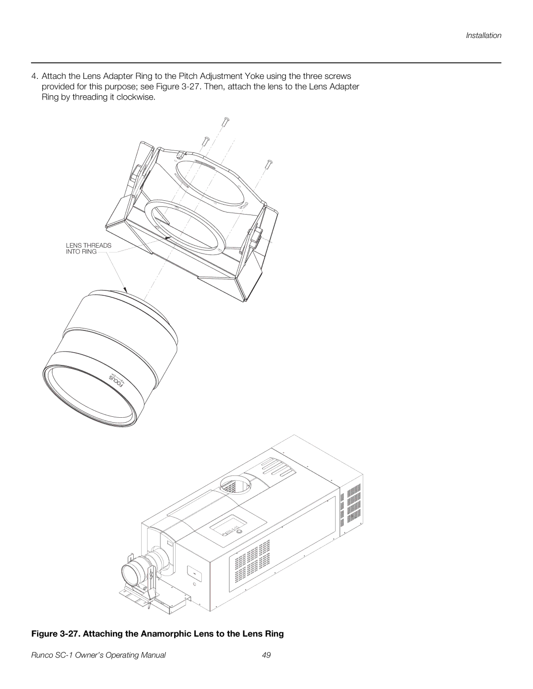 Runco SC-1 manual Attaching the Anamorphic Lens to the Lens Ring 