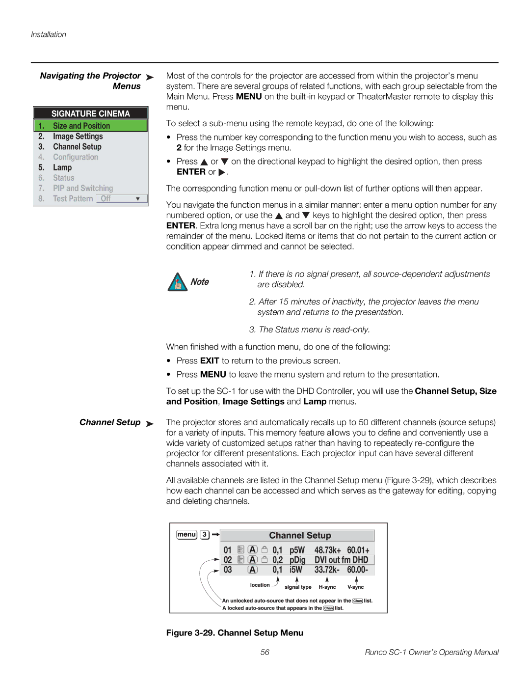 Runco SC-1 manual Navigating the Projector, Menus, Enter or, Are disabled 