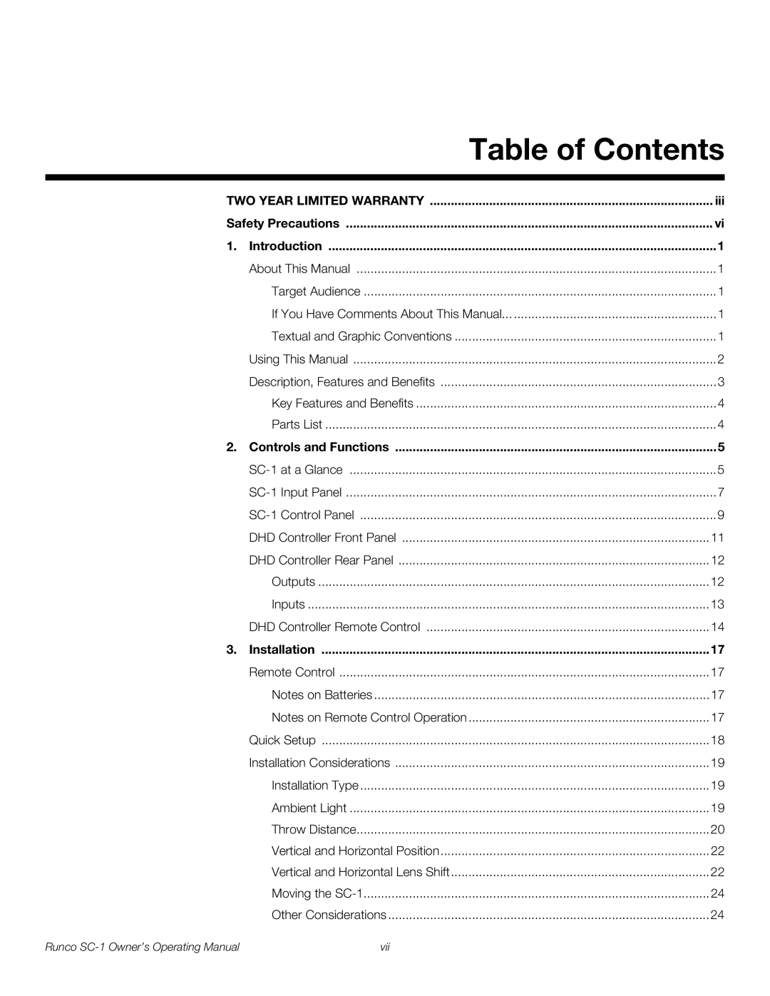 Runco SC-1 manual Table of Contents 