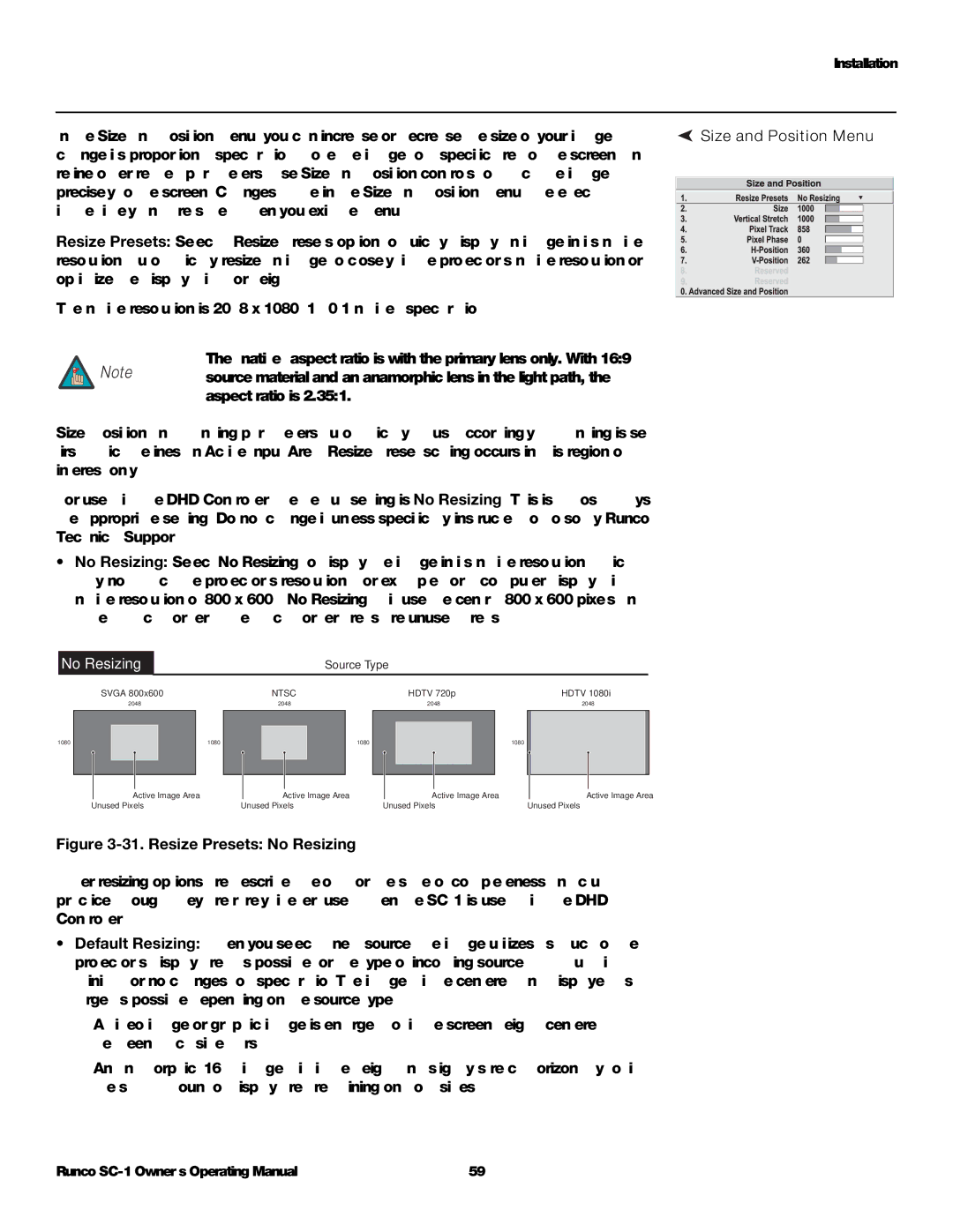 Runco SC-1 manual Size and Position Menu, Native aspect ratio is with the primary lens only. With 