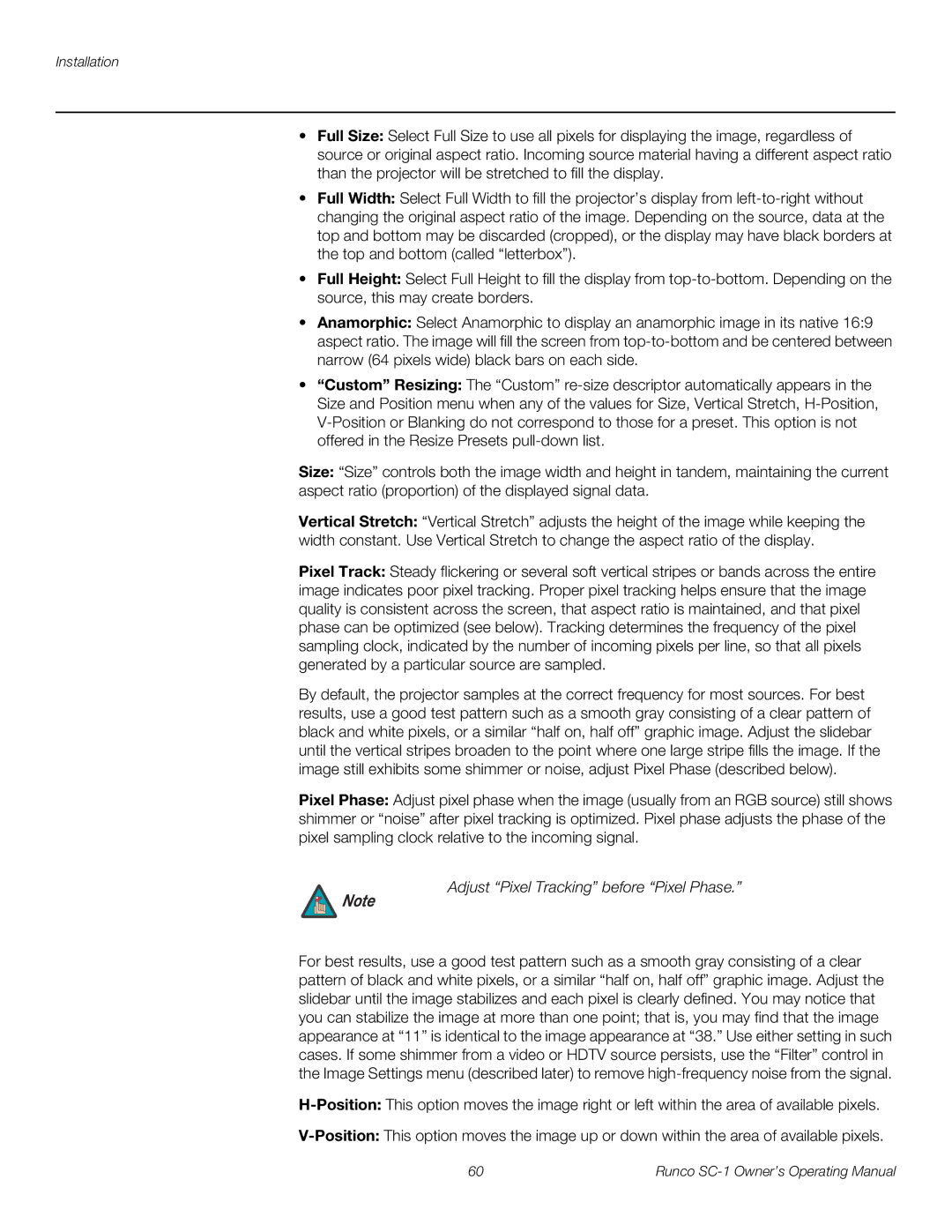 Runco SC-1 manual Adjust Pixel Tracking before Pixel Phase 