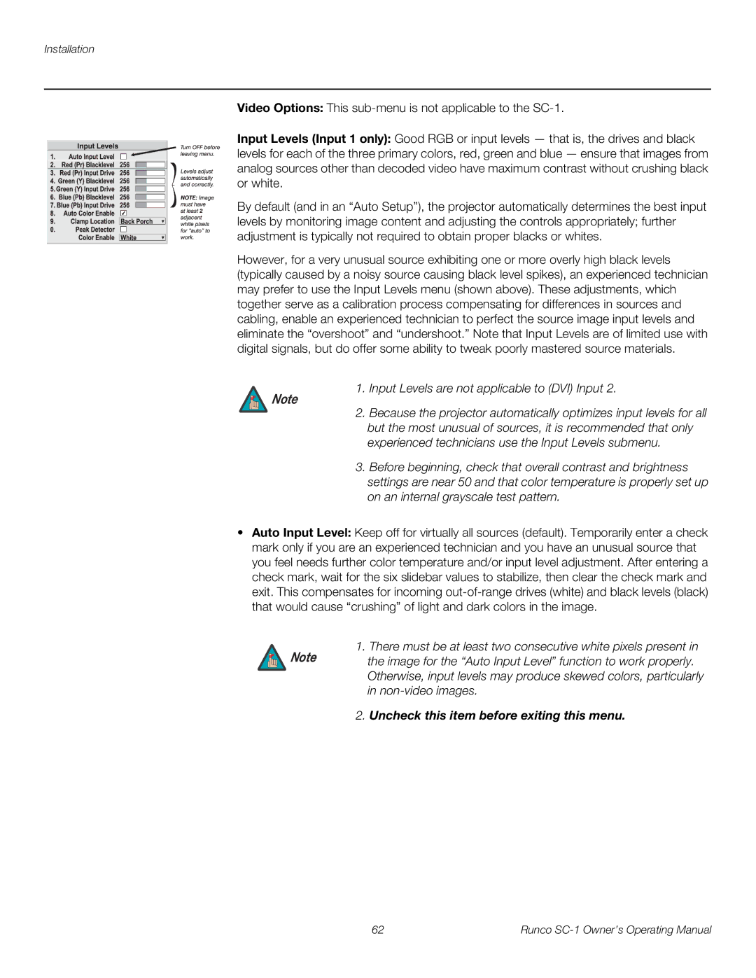 Runco SC-1 manual Non-video images, Uncheck this item before exiting this menu 