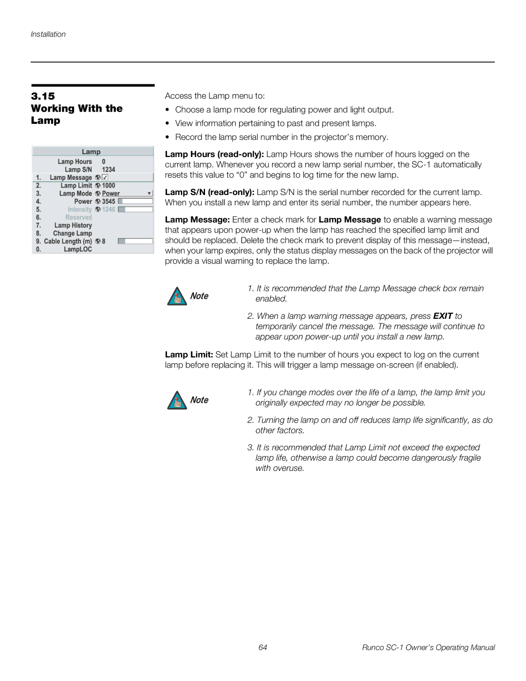 Runco SC-1 manual Working With the Lamp, Originally expected may no longer be possible 