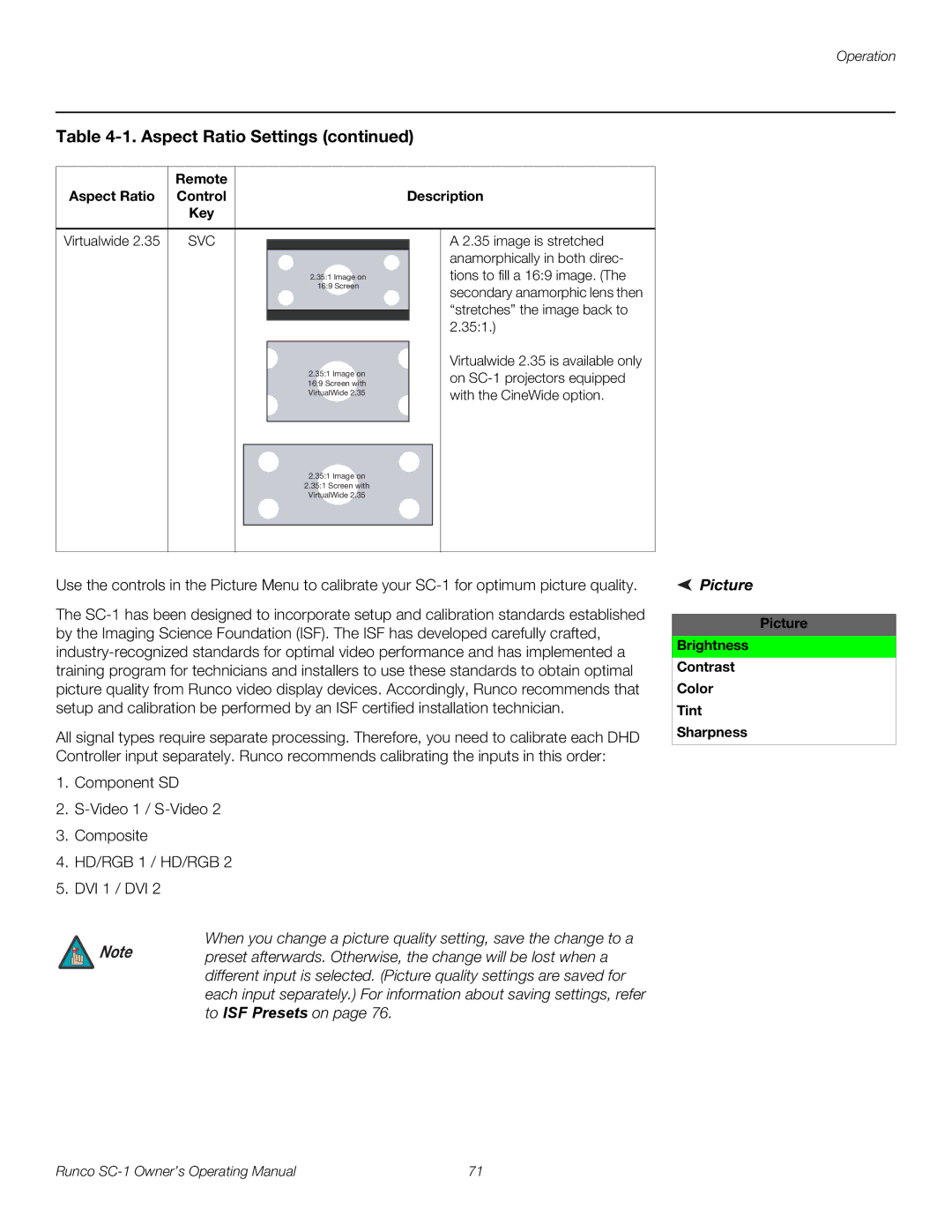Runco SC-1 manual Picture Brightness Contrast Color Tint Sharpness 