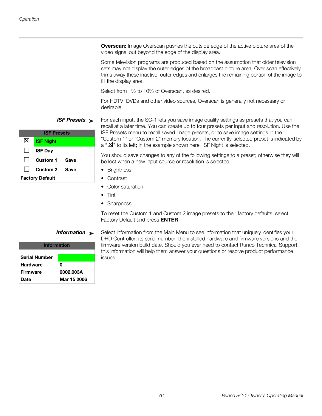 Runco SC-1 manual Information, ISF Presets ISF Night ISF Day Custom Save Factory Default 