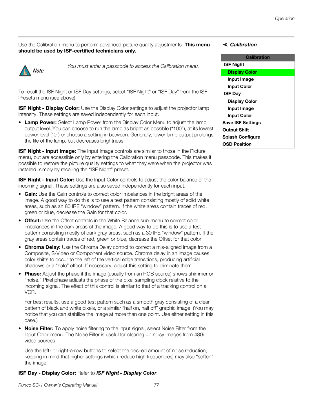 Runco SC-1 manual You must enter a passcode to access the Calibration menu 