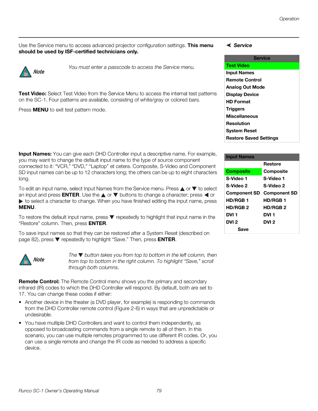 Runco SC-1 manual Button takes you from top to bottom in the left column, then, Service 