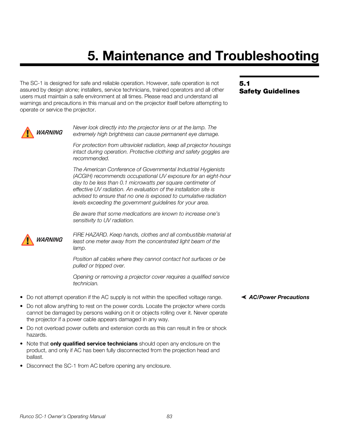 Runco SC-1 manual Safety Guidelines, Never look directly into the projector lens or at the lamp, AC/Power Precautions 