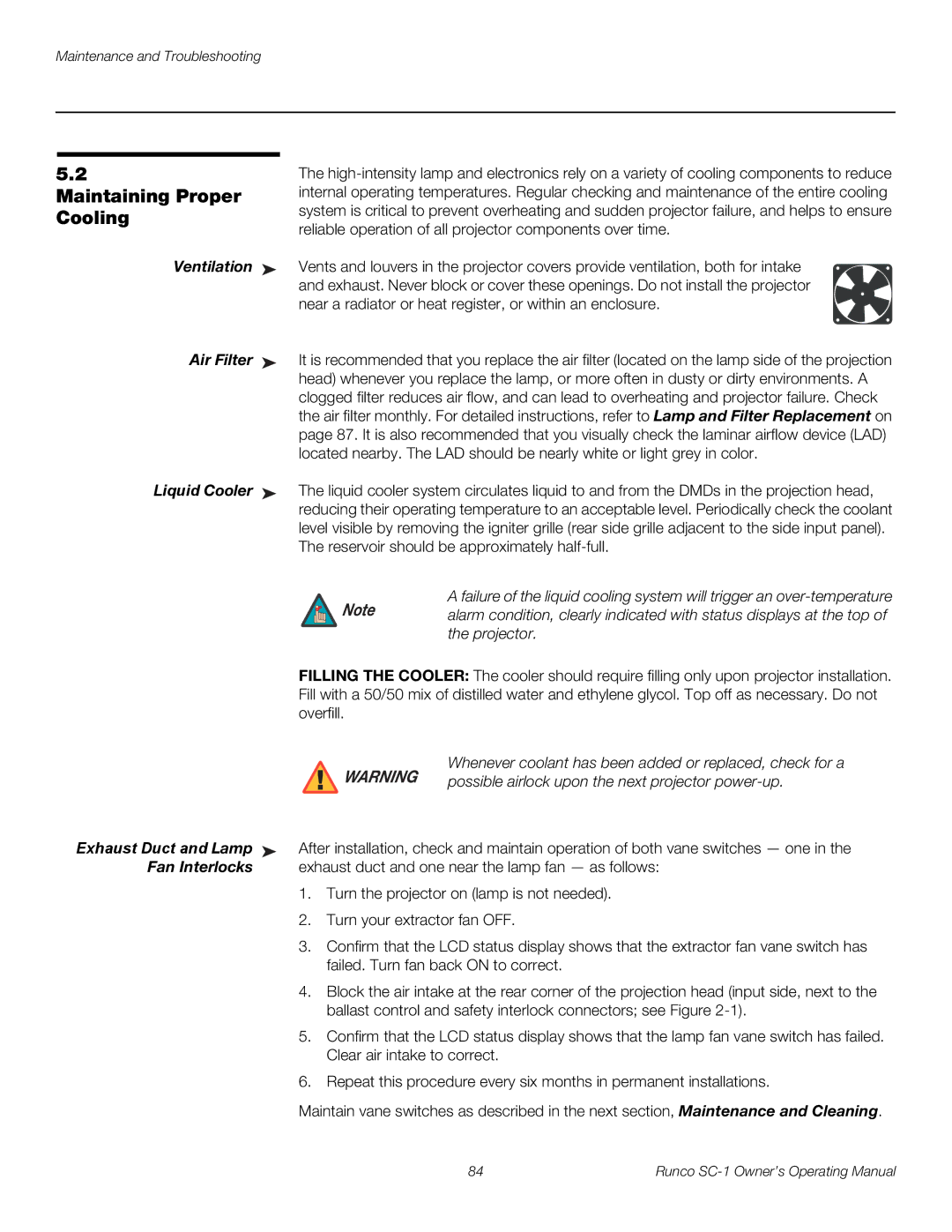 Runco SC-1 manual Maintaining Proper, Cooling 
