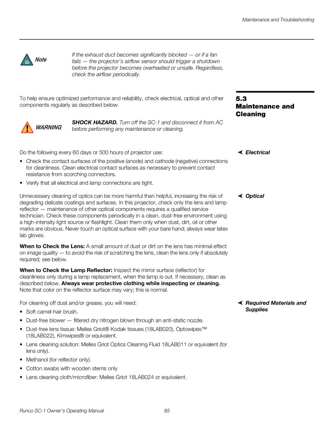 Runco SC-1 manual Maintenance and Cleaning, Electrical Optical Required Materials and Supplies 