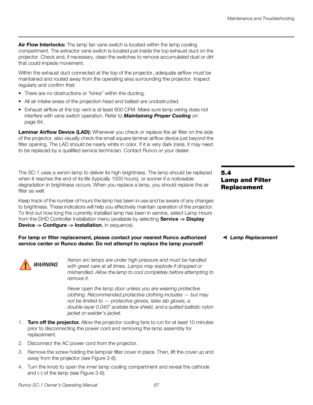 Runco SC-1 manual Lamp and Filter Replacement, Lamp Replacement 