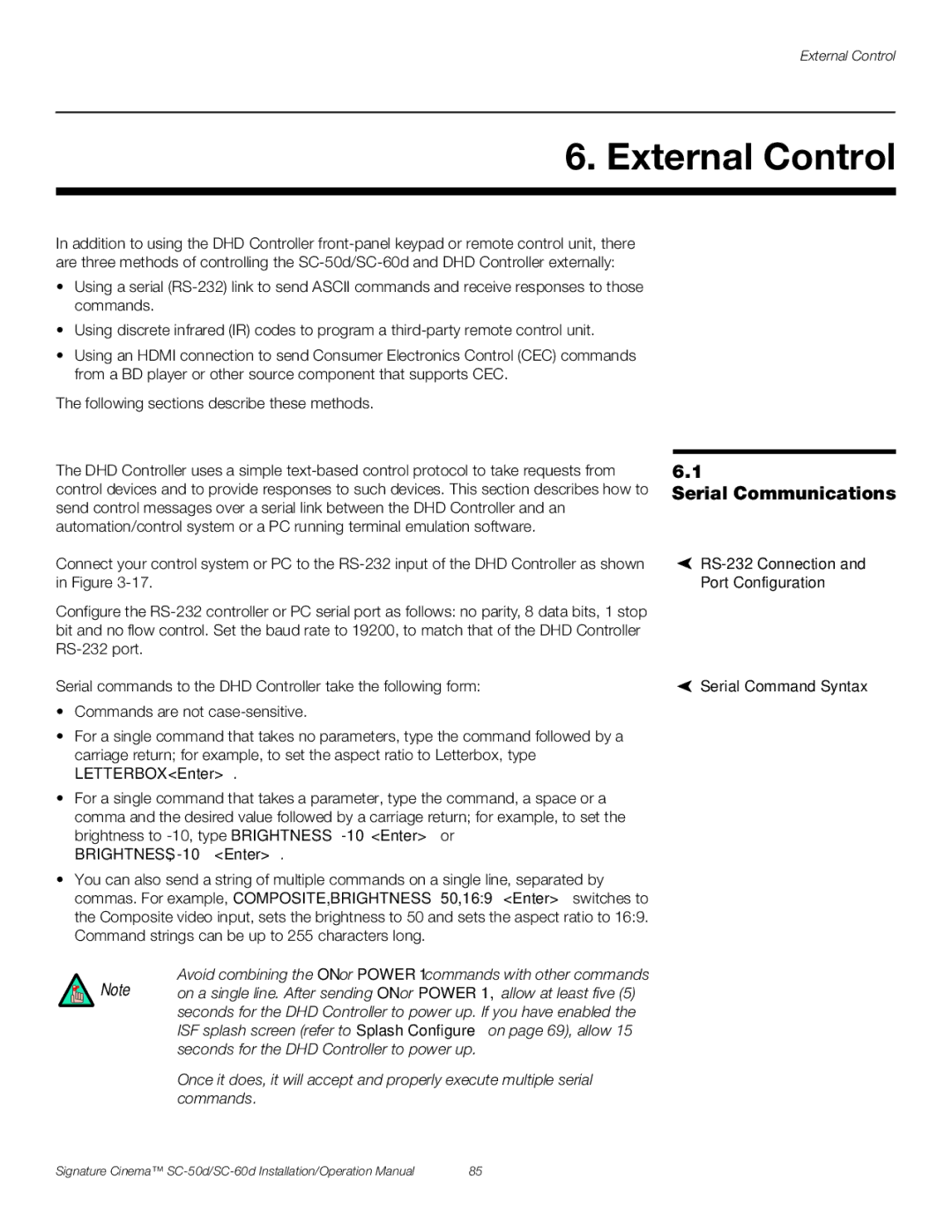 Runco SC-50D, SC-60D External Control, Serial Communications, RS-232 Connection, Port Configuration, Serial Command Syntax 