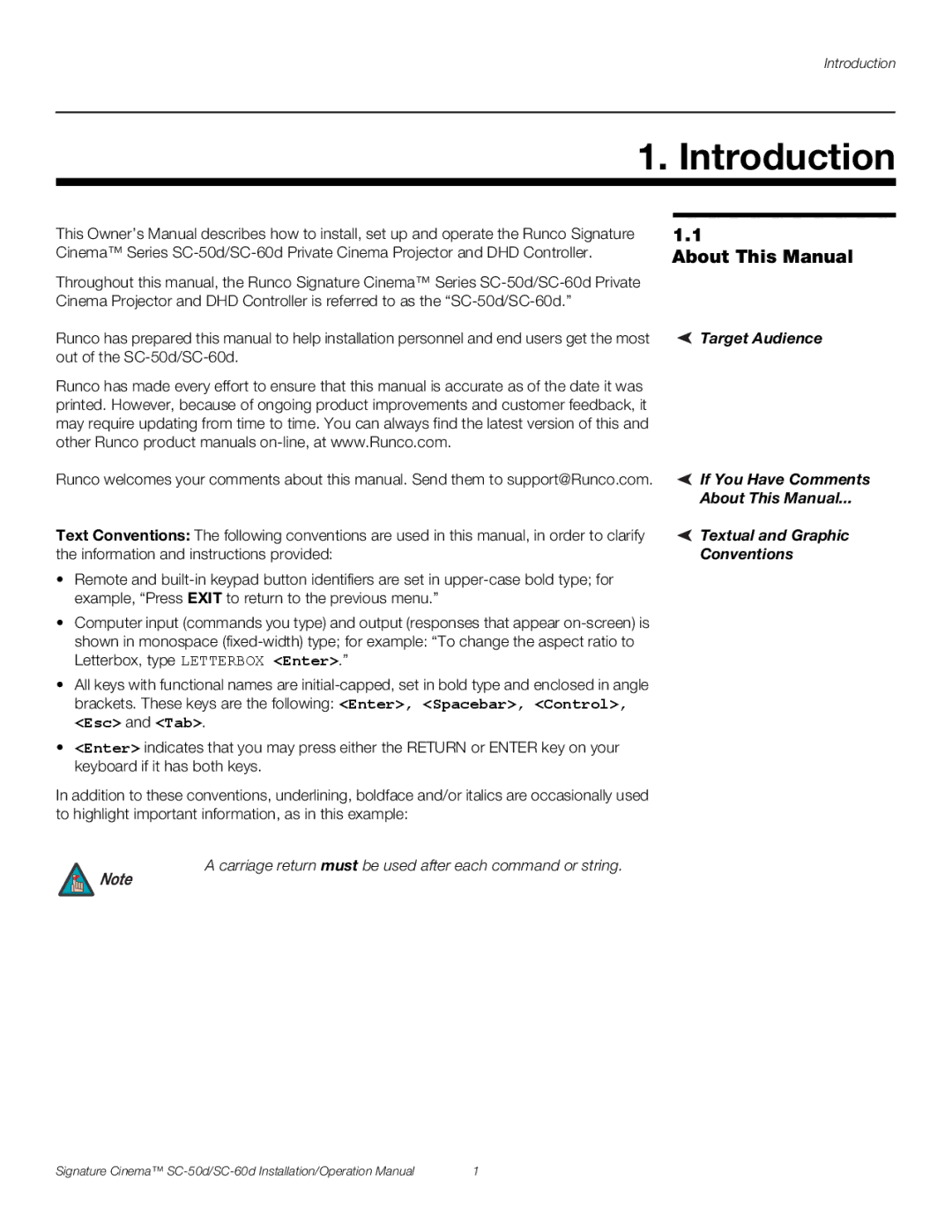 Runco SC-50D, SC-60D operation manual Introduction, About This Manual 